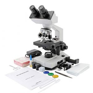 Cafthings LED Binocular Compound Lab Professional Electron Biological Microscope with 10X 20X Eyepieces, Double Layer Mechanical Stage & Ultra-Precise，Focusing,Including Slides, Phone Adapters