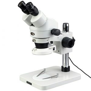 AmScope SM-1BSX-64S Professional Binocular Stereo Zoom Microscope, WH10x Eyepieces, 3.5X-45X Magnification, 0.7X-4.5X Zoom Objective, 64-Bulb LED Ring Light, Pillar Stand, 110V-240V, Includes 0.5x Barlow Lens , White