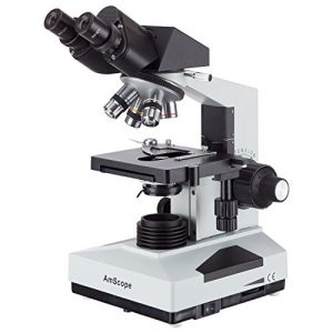 AmScope B490B Compound Binocular Microscope, WF10x and WF20x Eyepieces, 40X-2000X Magnification, Brightfield, Halogen Illumination, Abbe Condenser, Double-Layer Mechanical Stage, Sliding Head, High-Resolution Optics, Anti-Mold , White