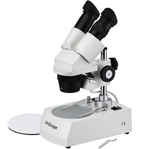 AmScope SE305-P Binocular Stereo Microscope, WF10x Eyepieces, 10X and 30X Magnification, 1X and 3X Objectives, Upper and Lower Halogen Lighting, Reversible Black/White Stage Plate, Pillar Stand, 120V