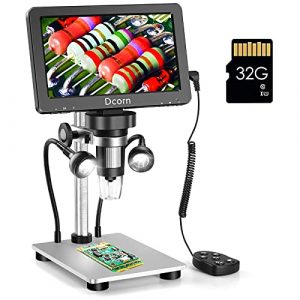 7'' Digital Microscope 1200X,Dcorn 12MP 1080P Photo/Video Microscope with 32GB TF Card for Adults Soldering Coins,Metal Stand,Wired Remote,10 LED Fill Lights,PC View,Windows/Mac Compatible
