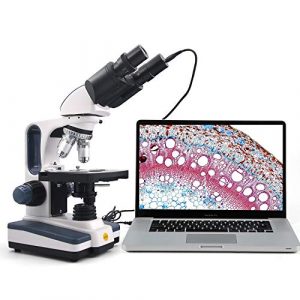 Swift Binocular Compound Microscope SW350B, 40X-2500X Magnification,Siedentopf Head,Research-Grade,Two-Layer Mechanical Stage,1.3mp Camera and Software Windows and Mac Compatible