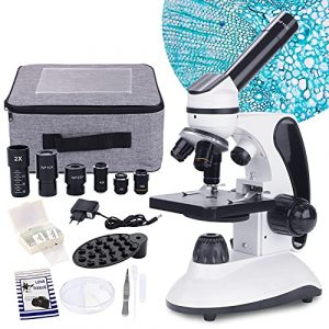 Monocular Microscope for Adults Students,40X-2000X Magnification,Dual LED Illumination Beginners Microscope with Science Kits,Phone Adapter,Carrying Case,AC Adapter,15 Slides for Lab Class Study